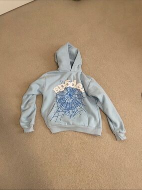Light Blue Graphic Hoodie Sweatshirt with Spiderweb Design
